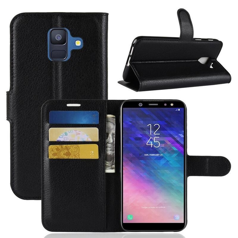 Litchi PU kožené peněženkové pouzdro na mobil Samsung Galaxy A6 (2018) - černé