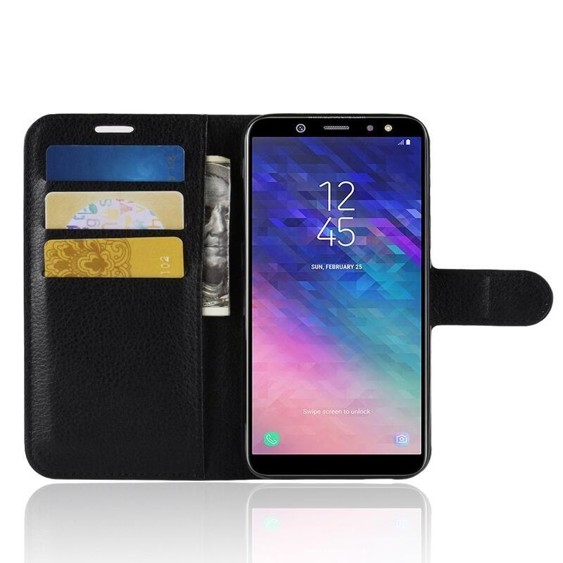Litchi PU kožené peněženkové pouzdro na mobil Samsung Galaxy A6 (2018) - černé