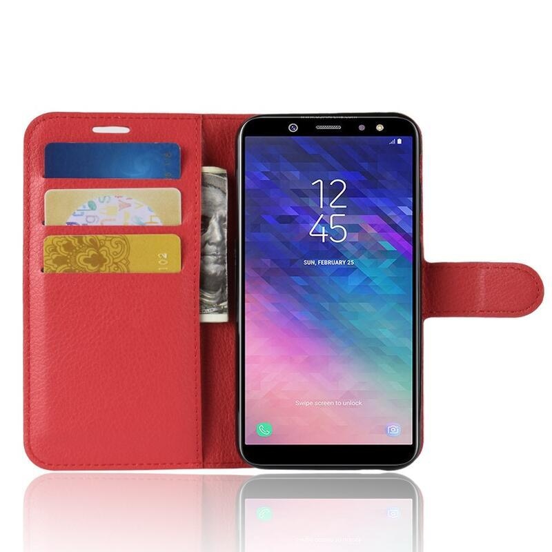 Litchi PU kožené peněženkové pouzdro na mobil Samsung Galaxy A6 (2018) - červené