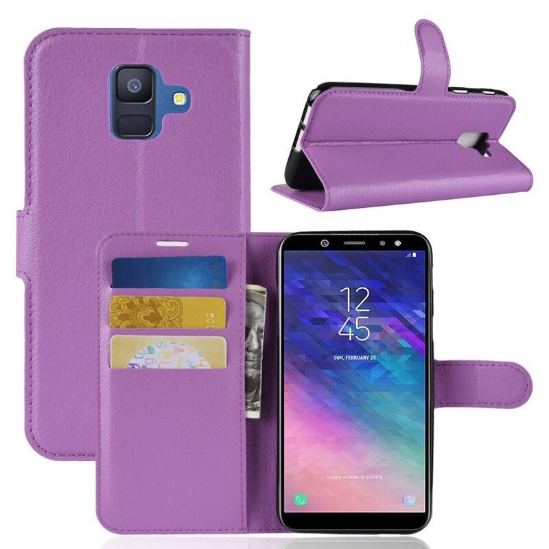 Litchi PU kožené peněženkové pouzdro na mobil Samsung Galaxy A6 (2018) - fialové