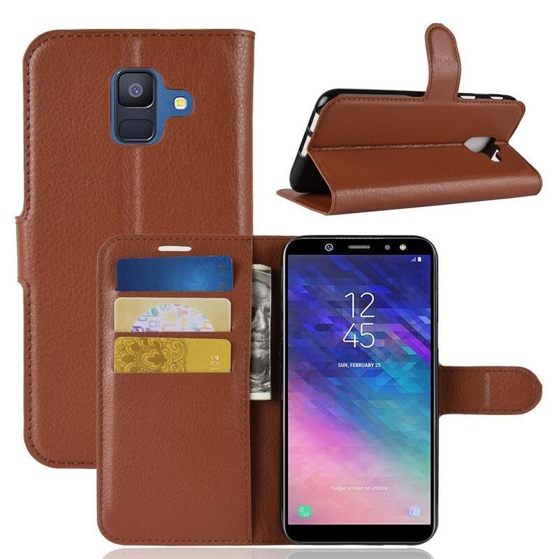 Litchi PU kožené peněženkové pouzdro na mobil Samsung Galaxy A6 (2018) - hnědé