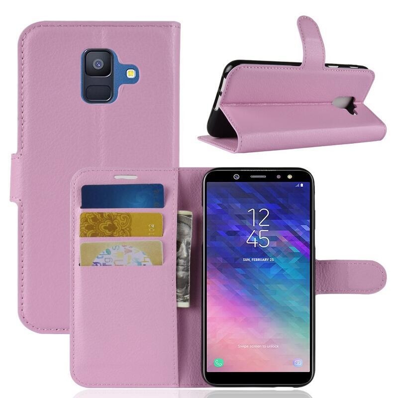 Litchi PU kožené peněženkové pouzdro na mobil Samsung Galaxy A6 (2018) - růžové