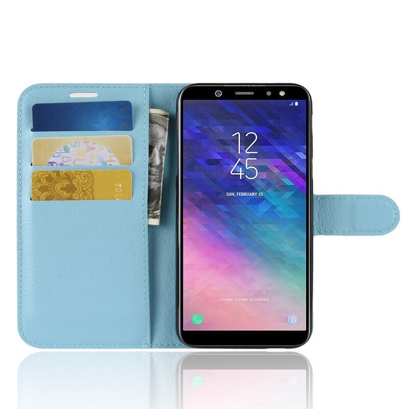 Litchi PU kožené peněženkové pouzdro na mobil Samsung Galaxy A6 (2018) - světlemodré