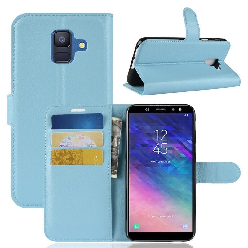 Litchi PU kožené peněženkové pouzdro na mobil Samsung Galaxy A6 (2018) - světlemodré