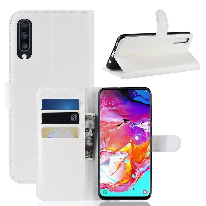 Litchi PU kožené peněženkové pouzdro na mobil Samsung Galaxy A70 - bílé
