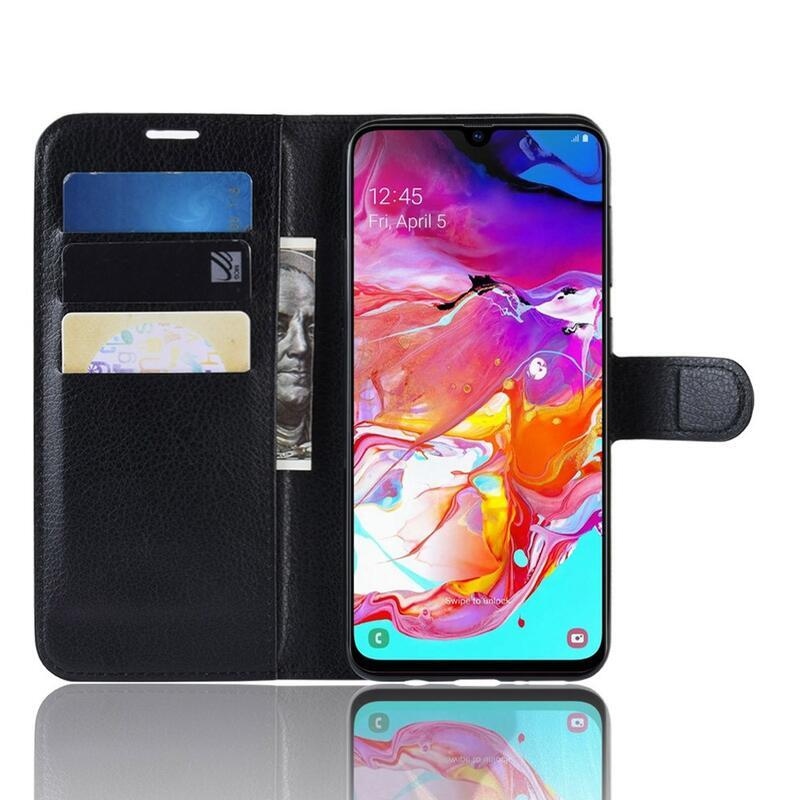 Litchi PU kožené peněženkové pouzdro na mobil Samsung Galaxy A70 - černé