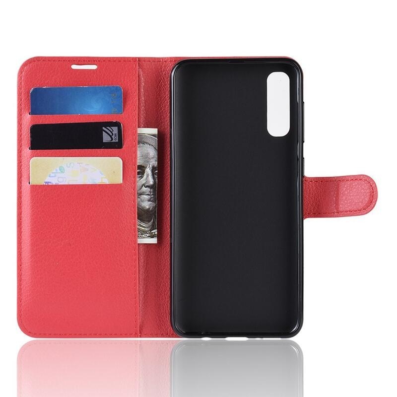 Litchi PU kožené peněženkové pouzdro na mobil Samsung Galaxy A70 - červené