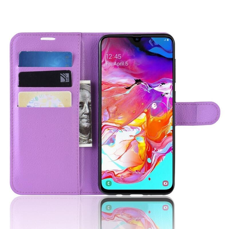 Litchi PU kožené peněženkové pouzdro na mobil Samsung Galaxy A70 - fialové