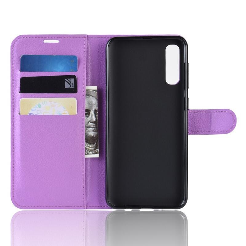 Litchi PU kožené peněženkové pouzdro na mobil Samsung Galaxy A70 - fialové