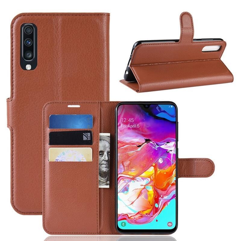 Litchi PU kožené peněženkové pouzdro na mobil Samsung Galaxy A70 - hnědé