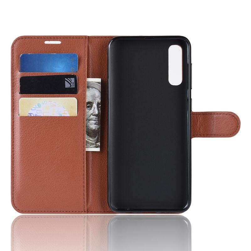 Litchi PU kožené peněženkové pouzdro na mobil Samsung Galaxy A70 - hnědé