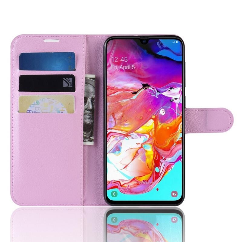 Litchi PU kožené peněženkové pouzdro na mobil Samsung Galaxy A70 - růžové