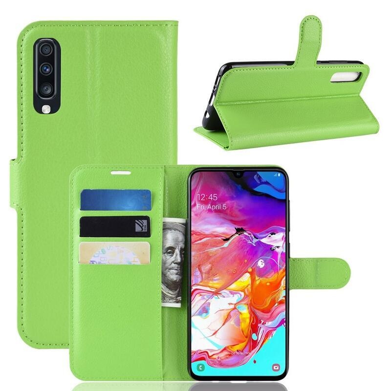 Litchi PU kožené peněženkové pouzdro na mobil Samsung Galaxy A70 - zelené