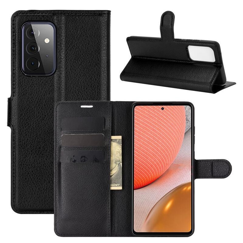 Litchi PU kožené peněženkové pouzdro na mobil Samsung Galaxy A72 5G/4G - černé