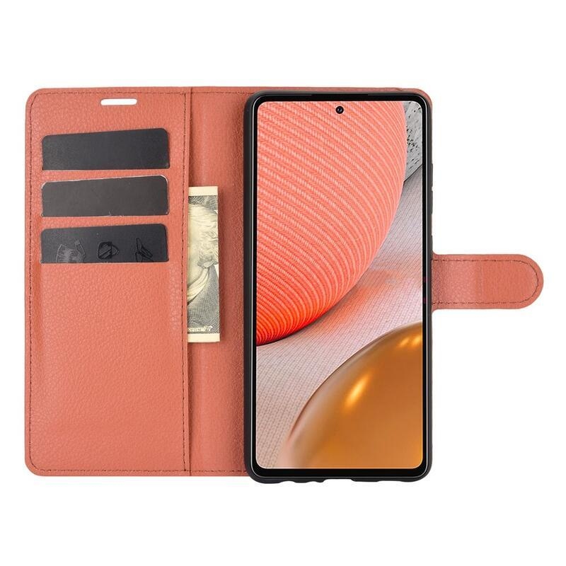 Litchi PU kožené peněženkové pouzdro na mobil Samsung Galaxy A72 5G/4G - hnědé