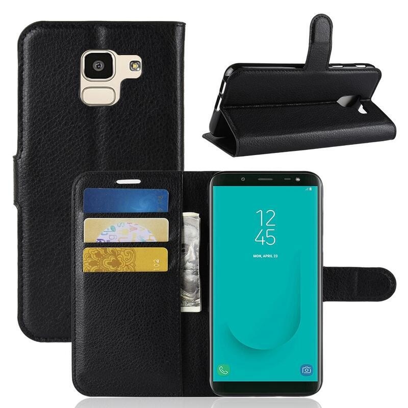 Litchi PU kožené peněženkové pouzdro na mobil Samsung Galaxy J6 (2018) - černé