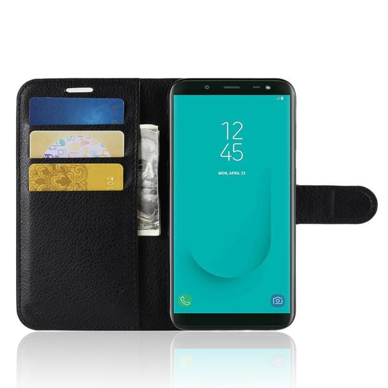 Litchi PU kožené peněženkové pouzdro na mobil Samsung Galaxy J6 (2018) - černé