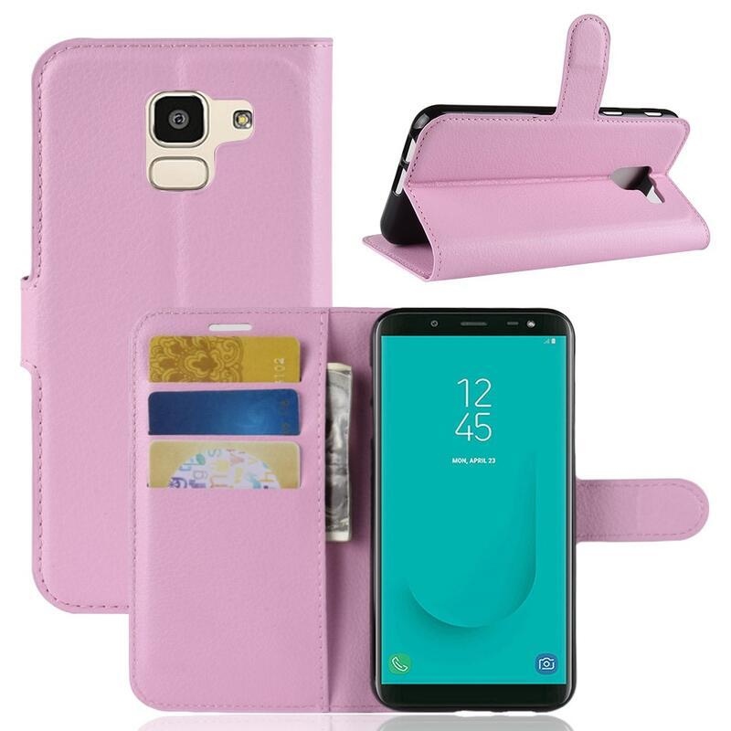 Litchi PU kožené peněženkové pouzdro na mobil Samsung Galaxy J6 (2018) - růžové