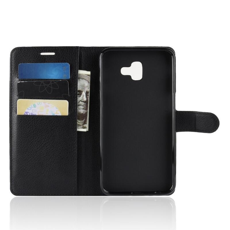 Litchi PU kožené peněženkové pouzdro na mobil Samsung Galaxy J6 Plus - černé