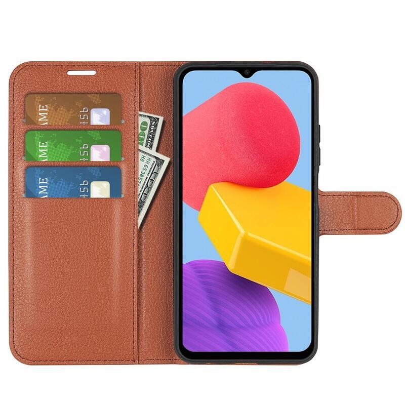 Litchi PU kožené peněženkové pouzdro na mobil Samsung Galaxy M13 4G - hnědé
