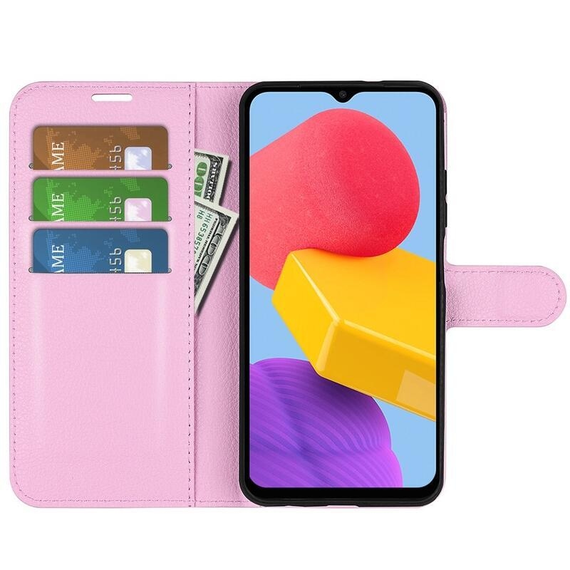 Litchi PU kožené peněženkové pouzdro na mobil Samsung Galaxy M13 4G - růžové
