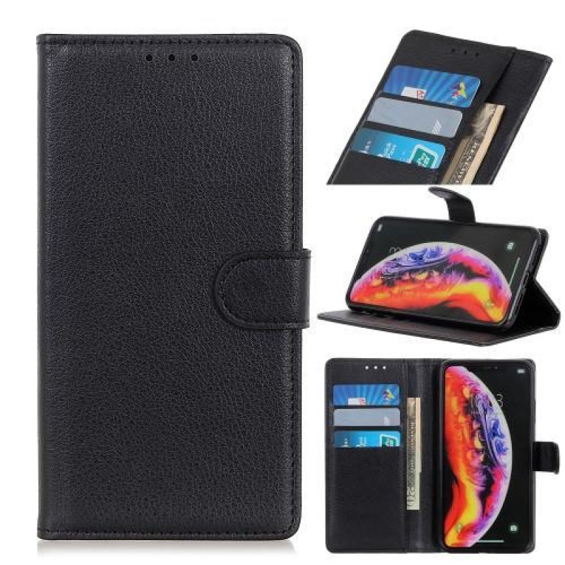 Litchi PU kožené peněženkové pouzdro na mobil Samsung Galaxy M20 - černé