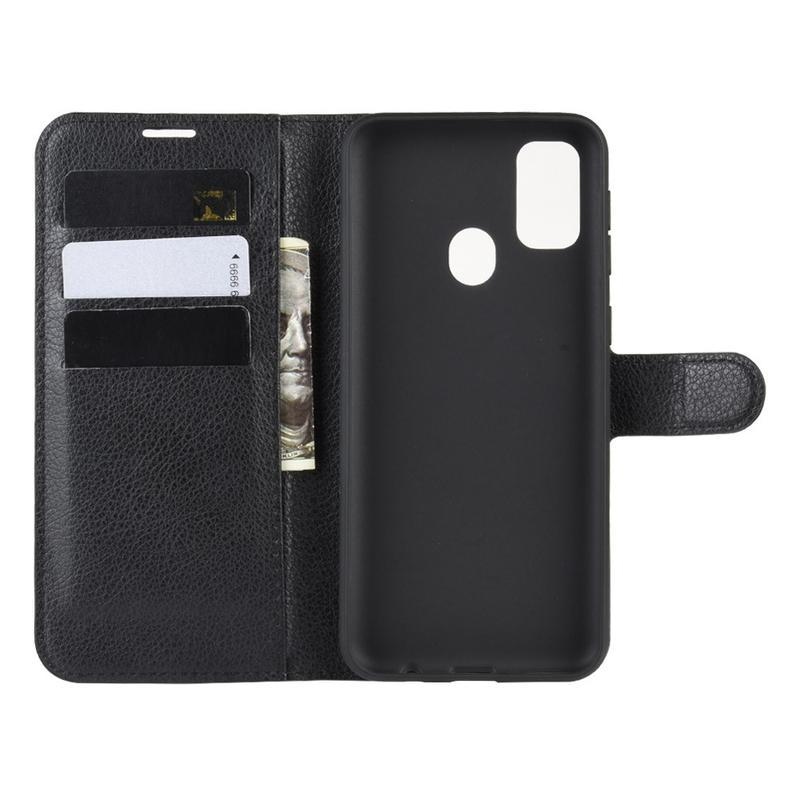 Litchi PU kožené peněženkové pouzdro na mobil Samsung Galaxy M21 - černé