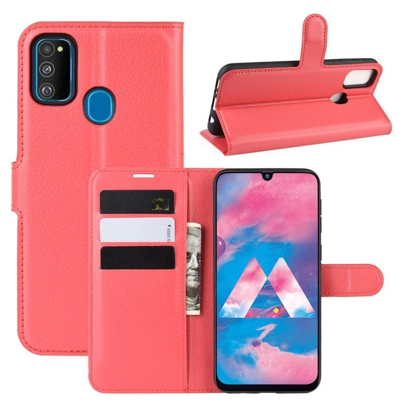 Litchi PU kožené peněženkové pouzdro na mobil Samsung Galaxy M21 - červené