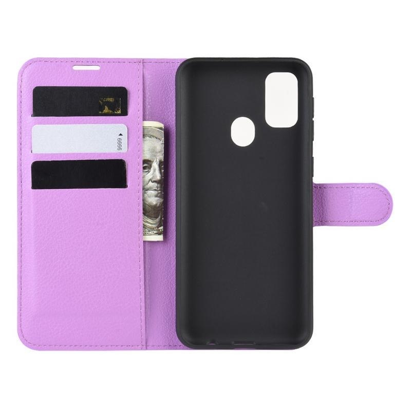Litchi PU kožené peněženkové pouzdro na mobil Samsung Galaxy M21 - fialové