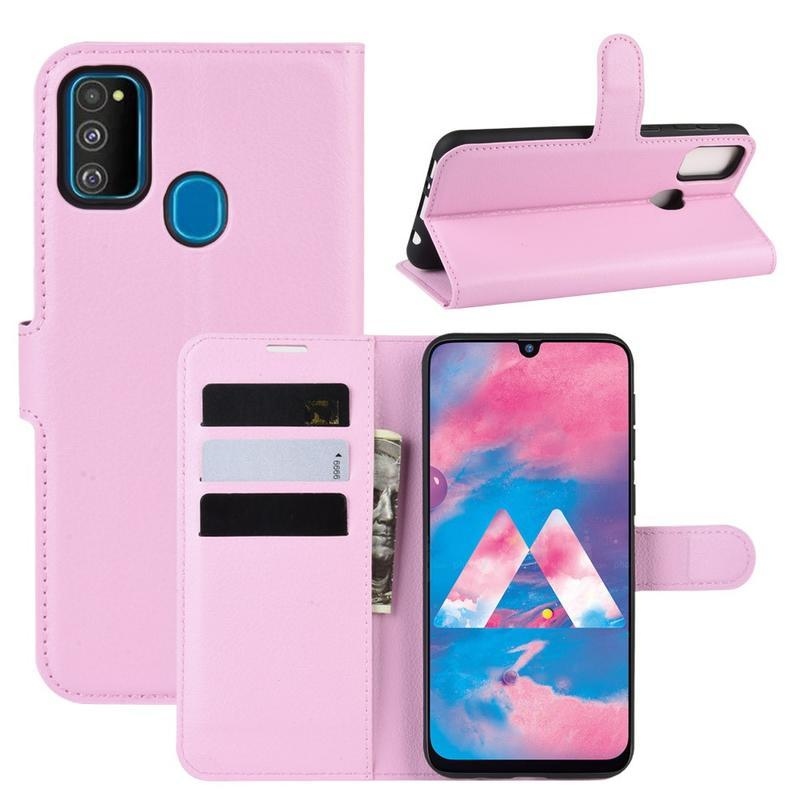 Litchi PU kožené peněženkové pouzdro na mobil Samsung Galaxy M21 - růžové