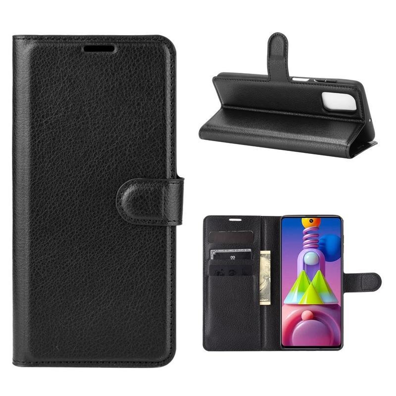 Litchi PU kožené peněženkové pouzdro na mobil Samsung Galaxy M51 - černé
