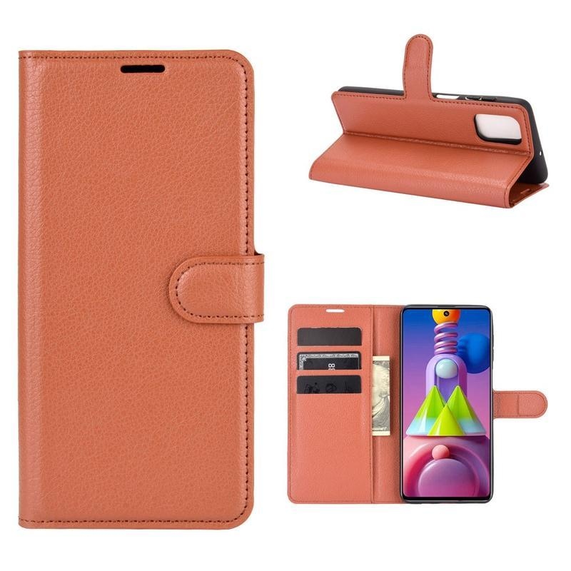 Litchi PU kožené peněženkové pouzdro na mobil Samsung Galaxy M51 - hnědé