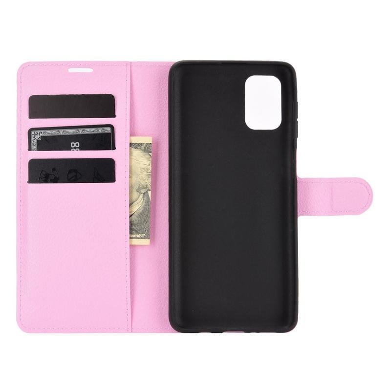 Litchi PU kožené peněženkové pouzdro na mobil Samsung Galaxy M51 - růžové