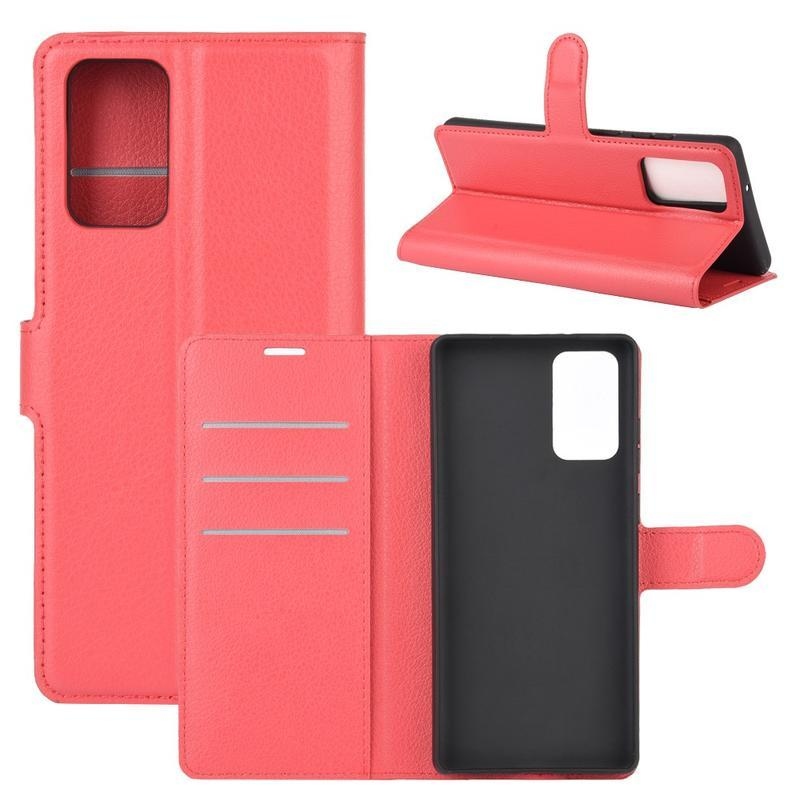 Litchi PU kožené peněženkové pouzdro na mobil Samsung Galaxy Note 20/Note 20 5G - červené