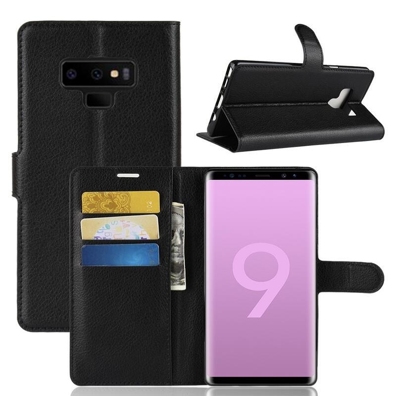 Litchi PU kožené peněženkové pouzdro na mobil Samsung Galaxy Note 9 - černé