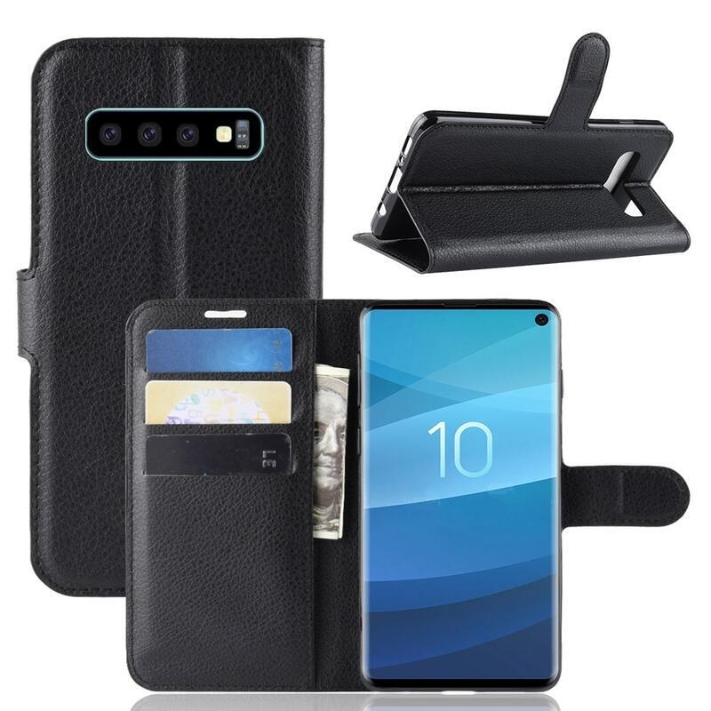 Litchi PU kožené peněženkové pouzdro na mobil Samsung Galaxy S10 - černé
