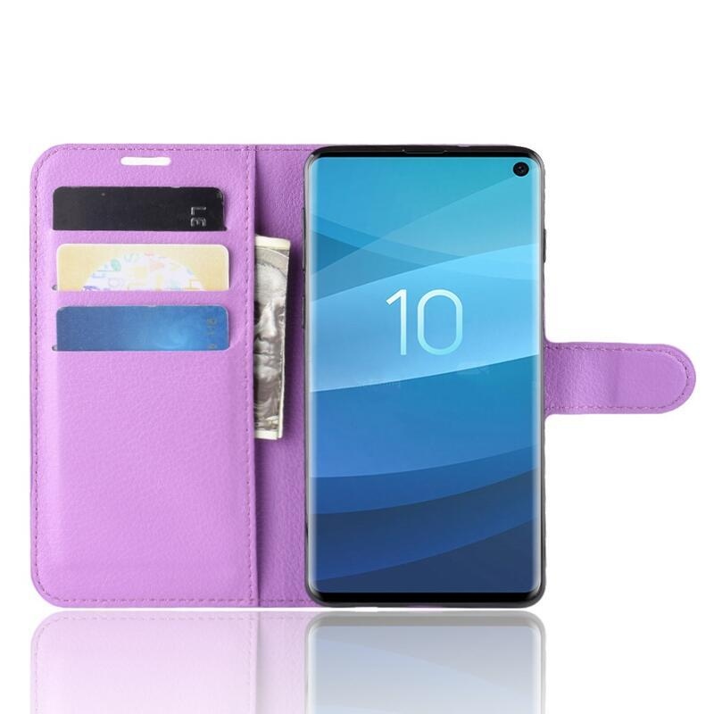Litchi PU kožené peněženkové pouzdro na mobil Samsung Galaxy S10 - fialové