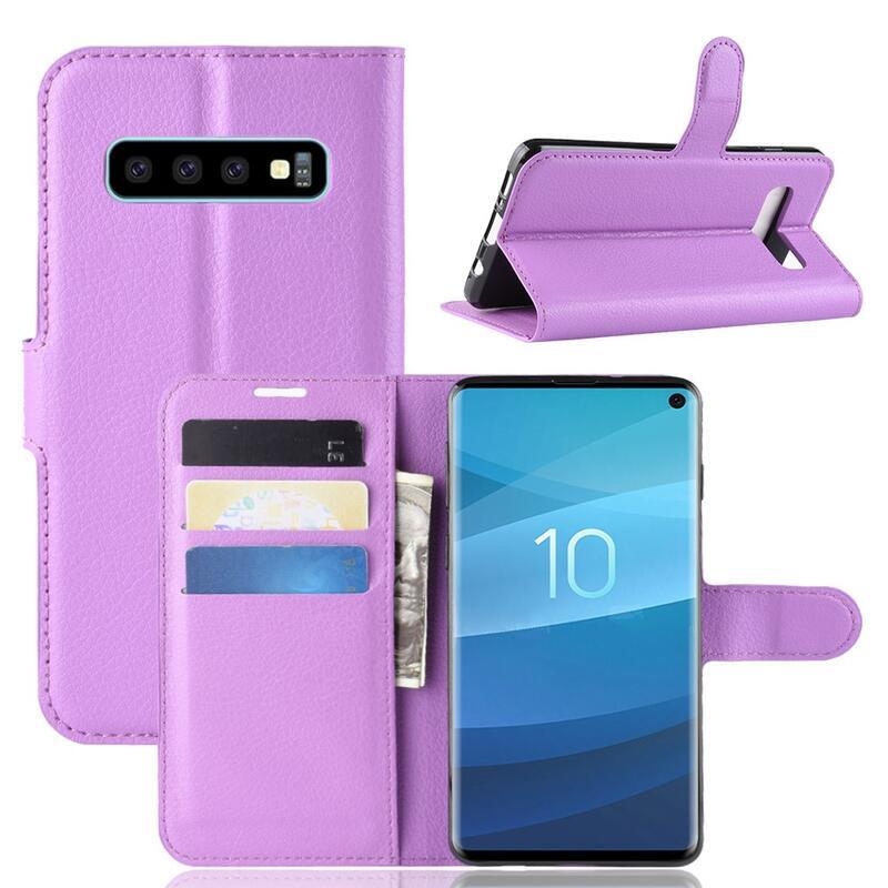 Litchi PU kožené peněženkové pouzdro na mobil Samsung Galaxy S10 - fialové