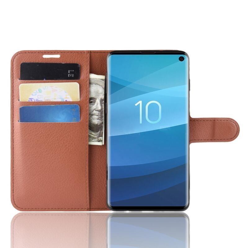 Litchi PU kožené peněženkové pouzdro na mobil Samsung Galaxy S10 - hnědé