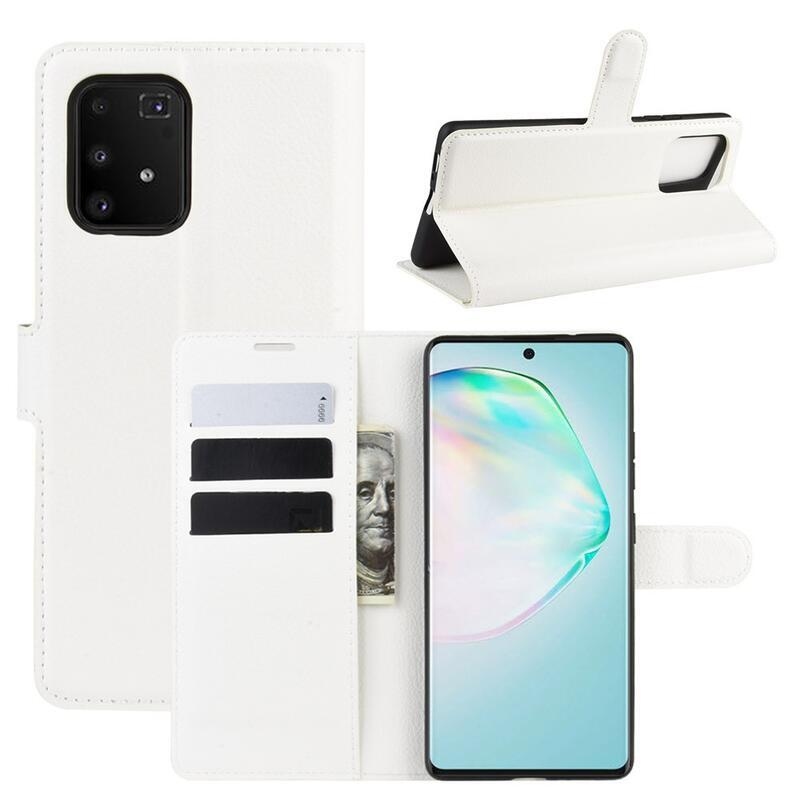 Litchi PU kožené peněženkové pouzdro na mobil Samsung Galaxy S10 Lite - bílé