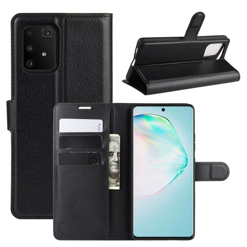 Litchi PU kožené peněženkové pouzdro na mobil Samsung Galaxy S10 Lite - černé