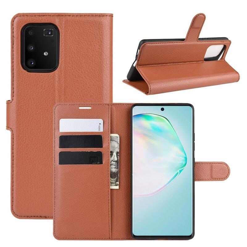 Litchi PU kožené peněženkové pouzdro na mobil Samsung Galaxy S10 Lite - hnědé