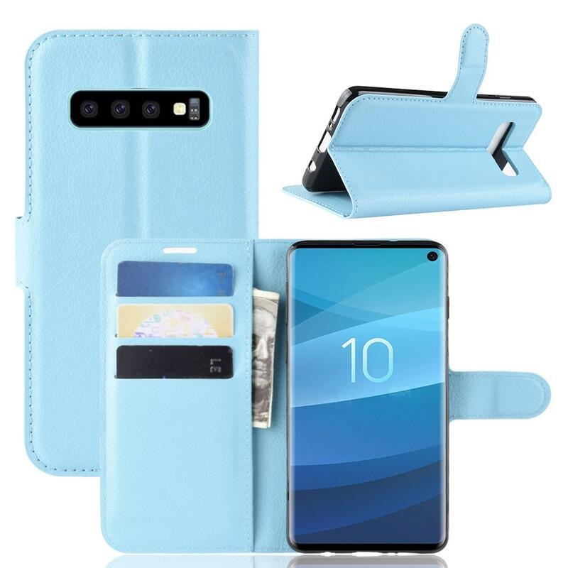 Litchi PU kožené peněženkové pouzdro na mobil Samsung Galaxy S10 - světlemodré