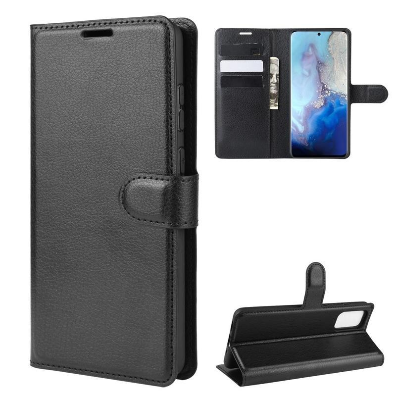 Litchi PU kožené peněženkové pouzdro na mobil Samsung Galaxy S20 - černé