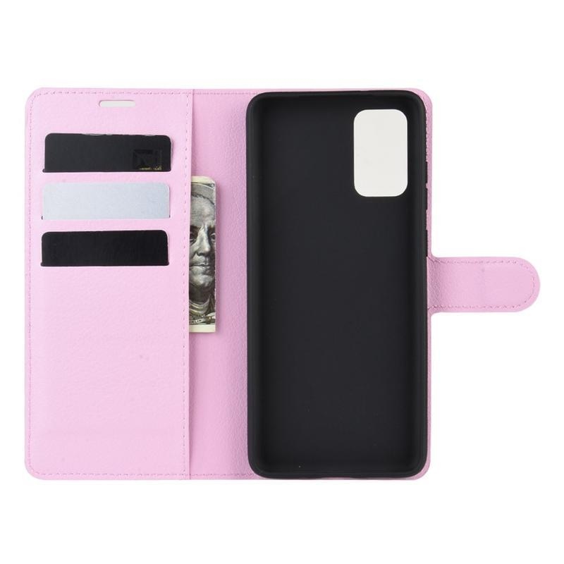 Litchi PU kožené peněženkové pouzdro na mobil Samsung Galaxy S20 - růžové