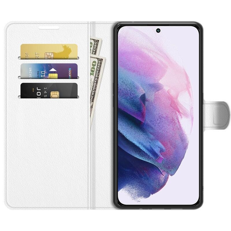 Litchi PU kožené peněženkové pouzdro na mobil Samsung Galaxy S22+ 5G - bílé