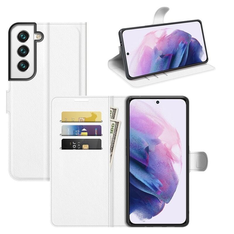 Litchi PU kožené peněženkové pouzdro na mobil Samsung Galaxy S22+ 5G - bílé