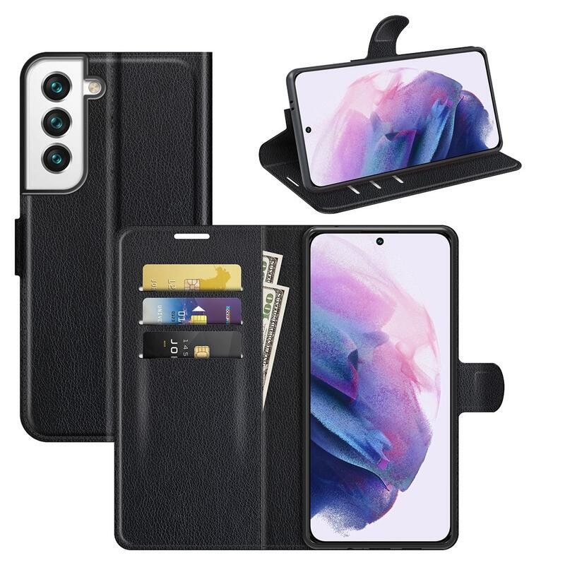Litchi PU kožené peněženkové pouzdro na mobil Samsung Galaxy S22+ 5G - černé