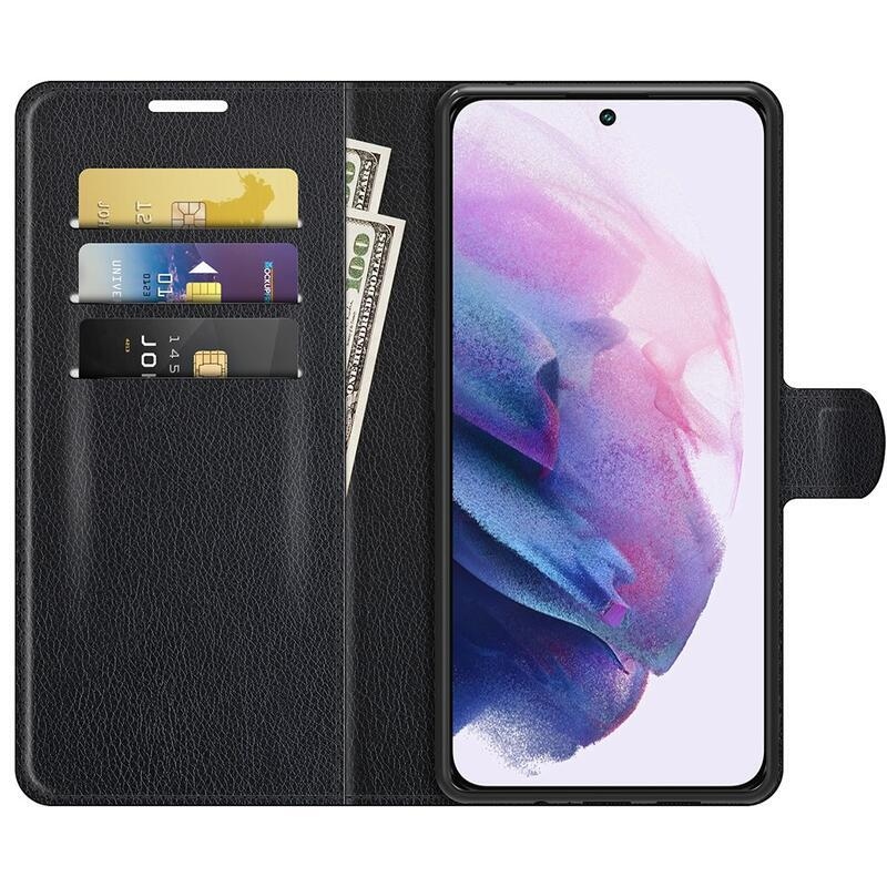 Litchi PU kožené peněženkové pouzdro na mobil Samsung Galaxy S22+ 5G - černé