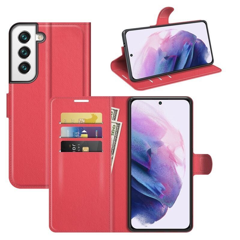 Litchi PU kožené peněženkové pouzdro na mobil Samsung Galaxy S22+ 5G - červené